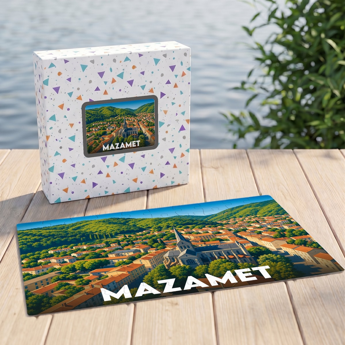 Puzzle souvenir de la ville de Mazamet présentant une illustration stylisée d'un paysage urbain niché dans des collines verdoyantes.