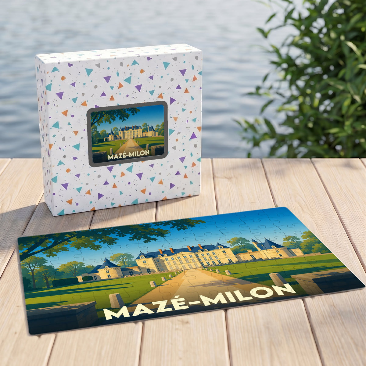 Puzzle souvenir de la ville de Mazé-Milon illustrant un château dans un style épuré.