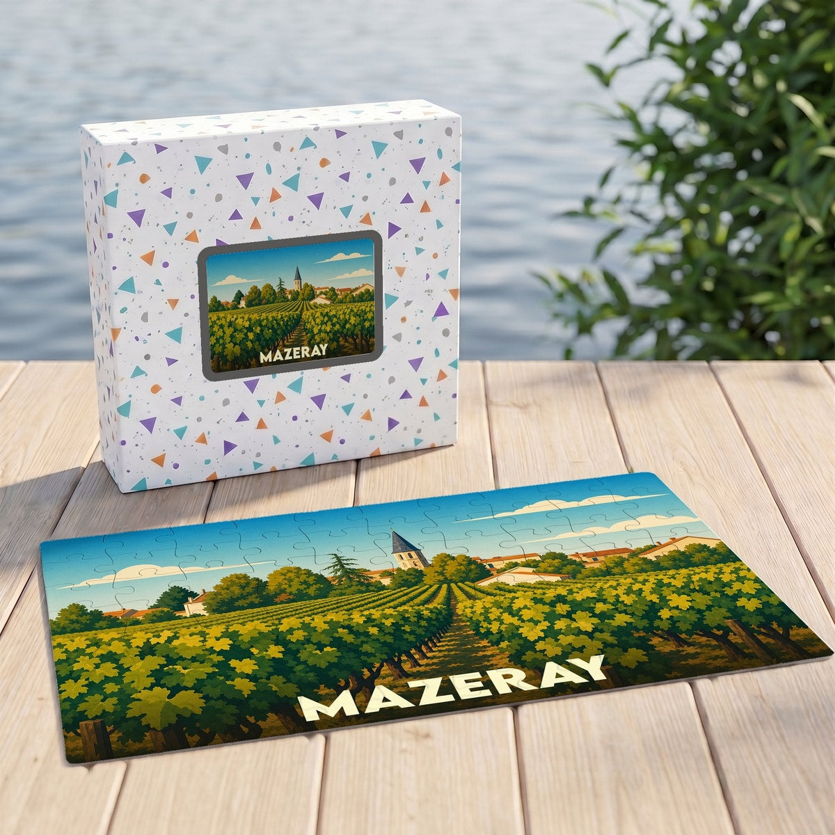 Puzzle souvenir de la ville de Mazeray illustré d'un paysage de vignobles avec son église au loin.