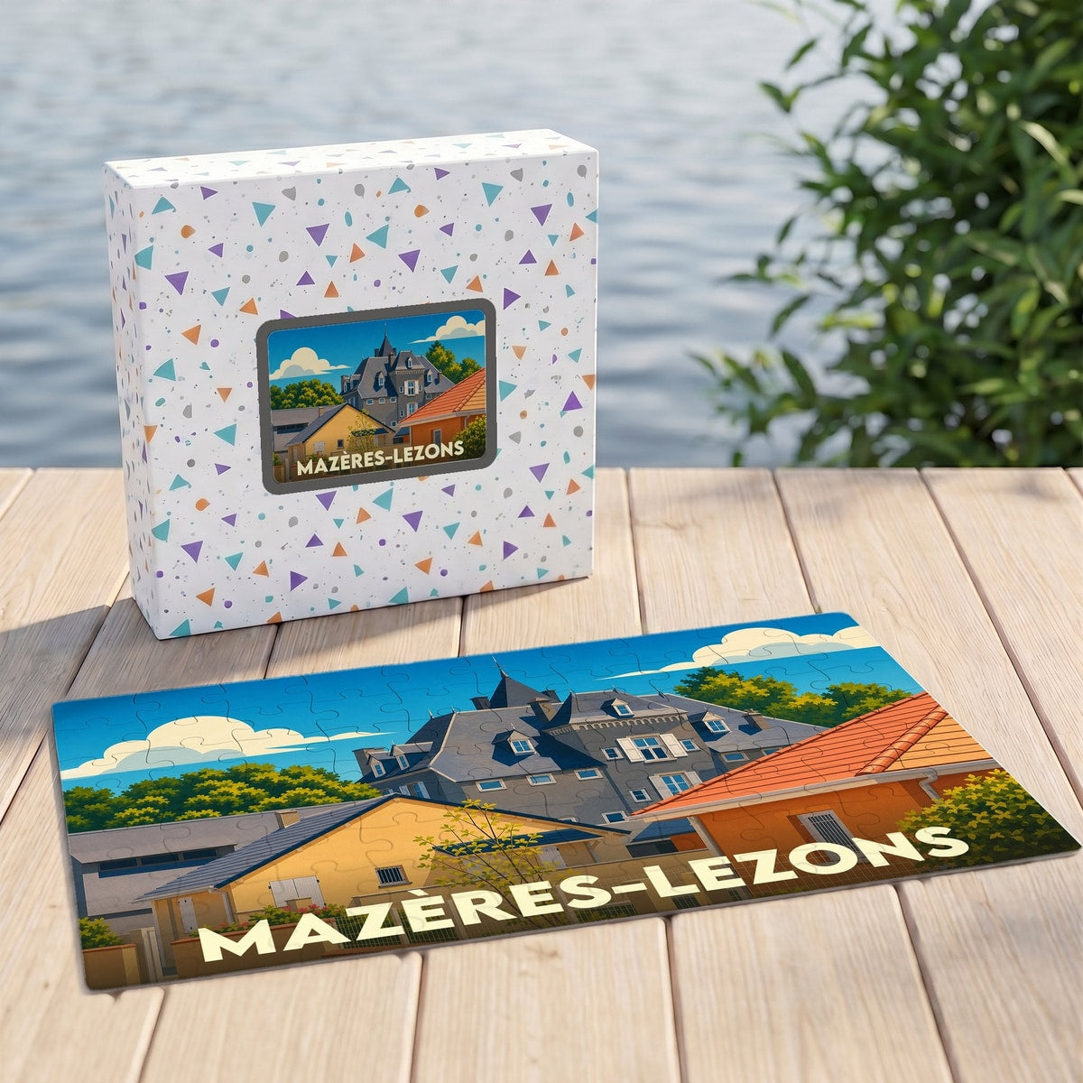 Puzzle souvenir de la ville de Mazères-Lezons avec une illustration stylisée et colorée.