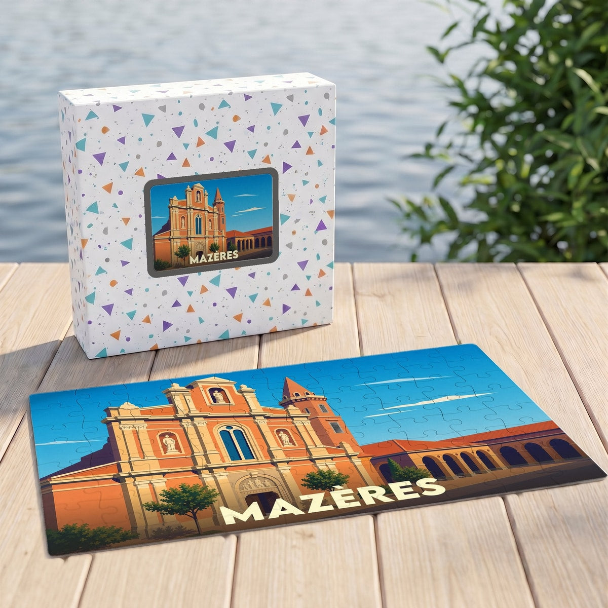 Puzzle souvenir de la ville de Mazères avec une illustration stylisée d'un bâtiment historique.