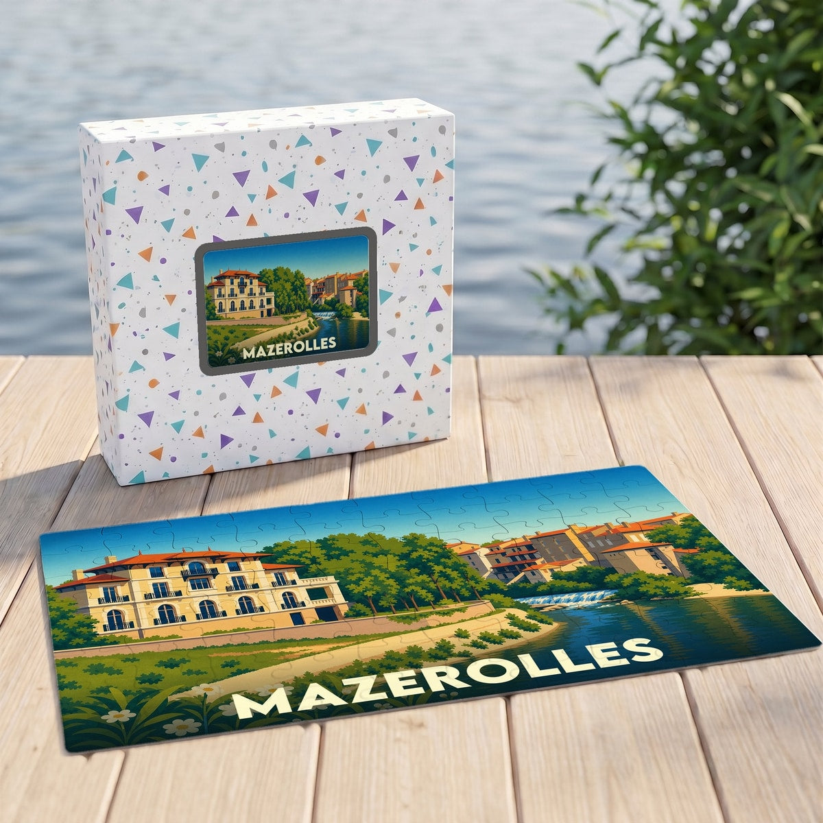 Puzzle souvenir de la ville de Mazerolles avec une illustration stylisée d'un paysage fluvial.