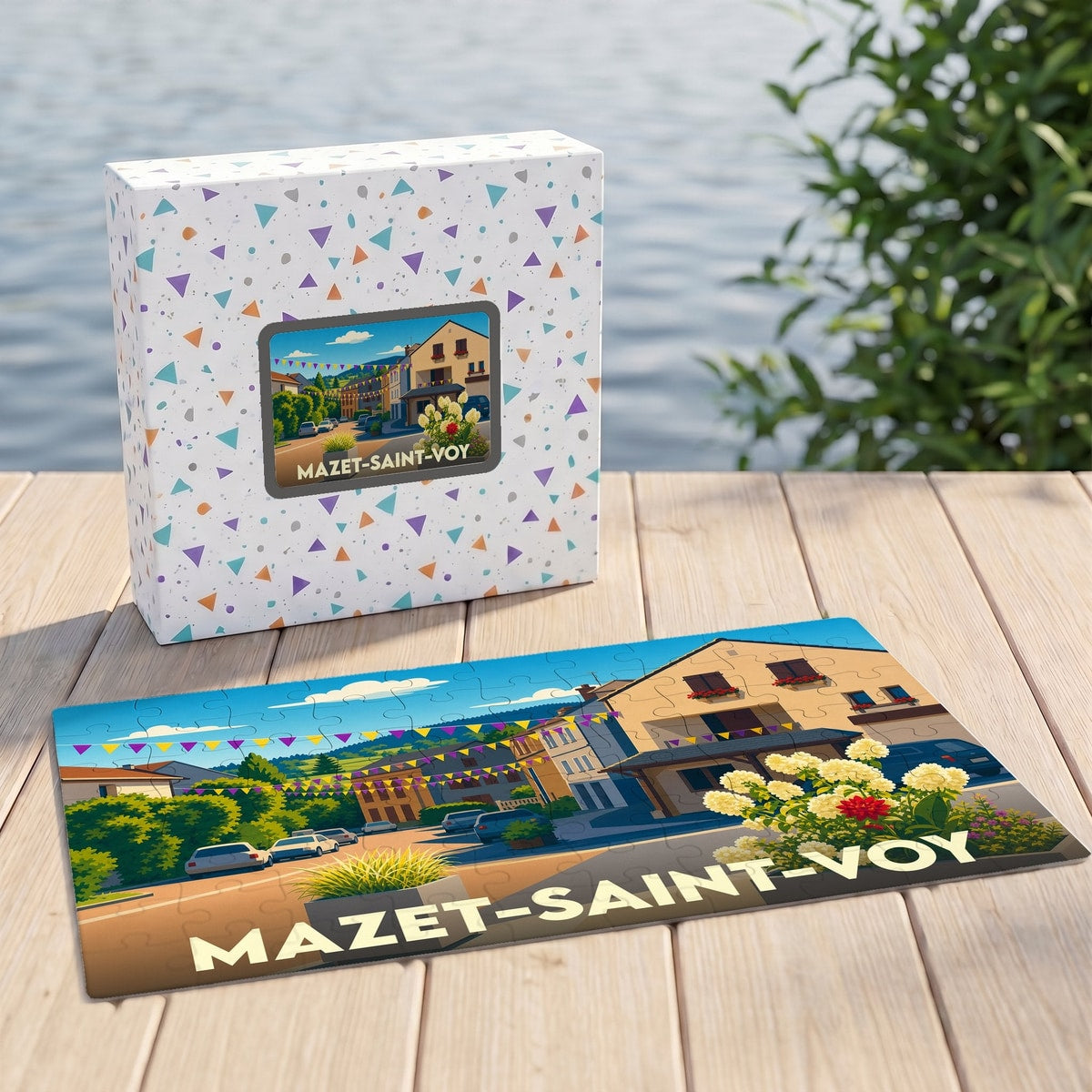 Puzzle souvenir de la ville de Mazet-Saint-Voy avec une illustration stylisée et colorée.