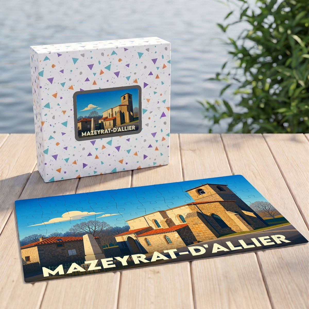 Puzzle souvenir de la commune de Mazeyrat-d'Allier avec une illustration stylisée d'une église en pierre.