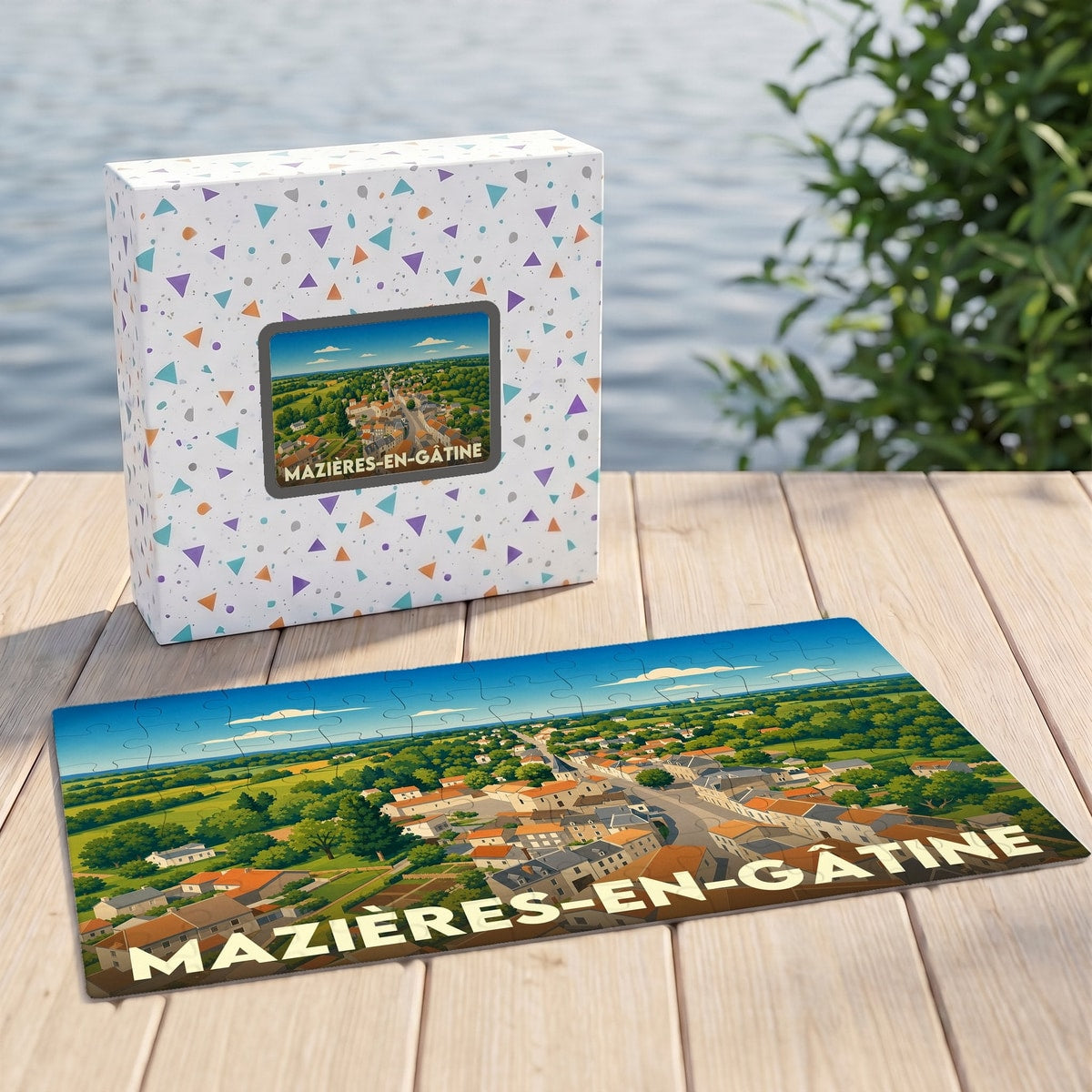 Puzzle souvenir de la commune de Mazières-en-Gâtine avec une illustration de style affiche vintage.