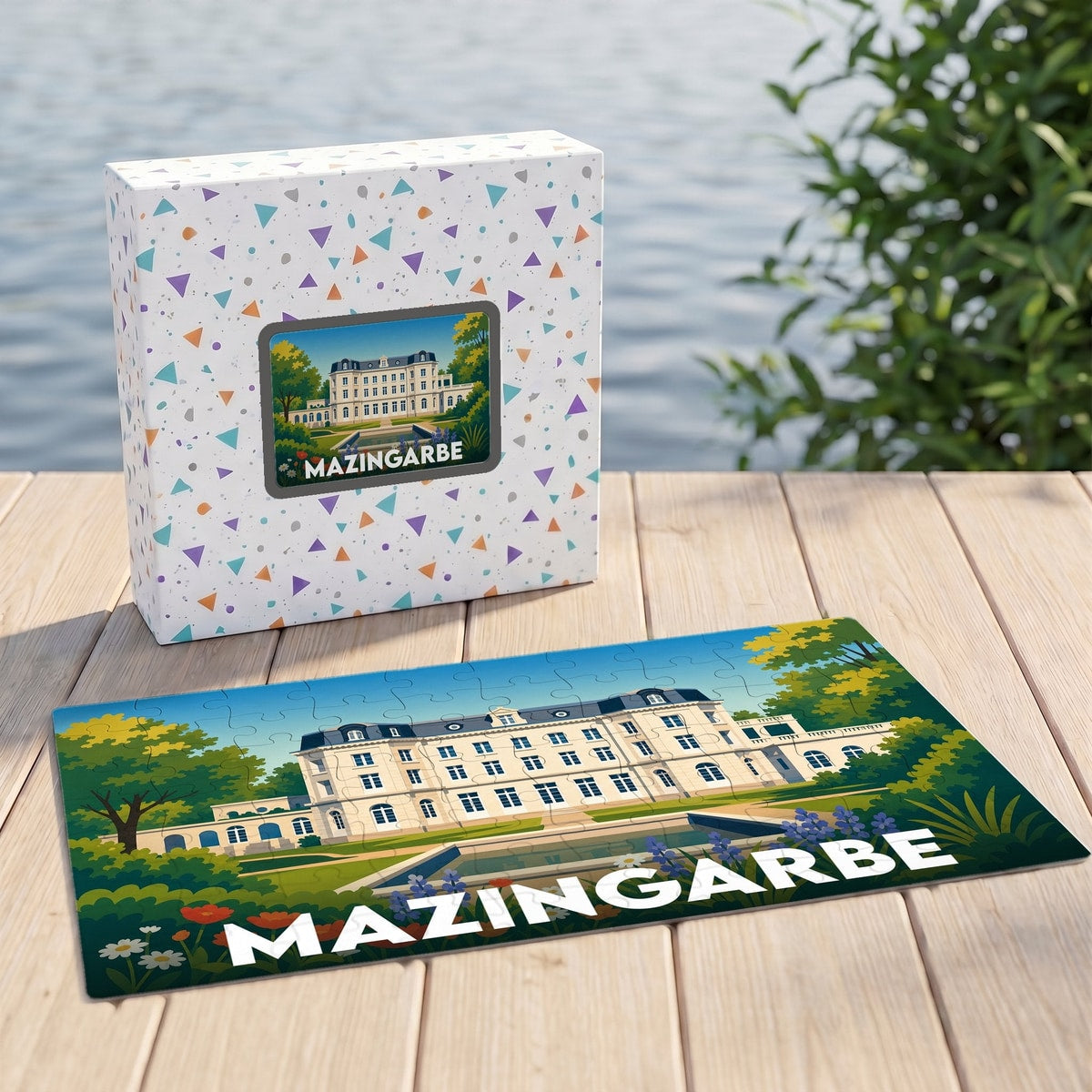 Puzzle souvenir de la ville de Mazingarbe avec une illustration stylisée d'un château.
