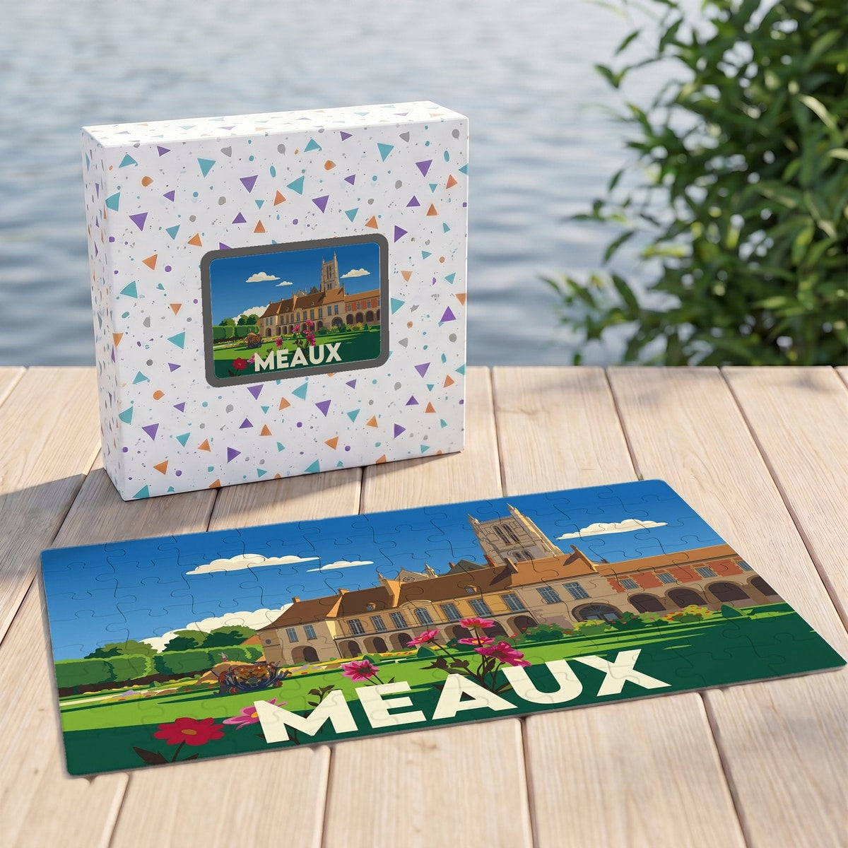 Puzzle souvenir de la ville de Meaux avec une illustration stylisée.