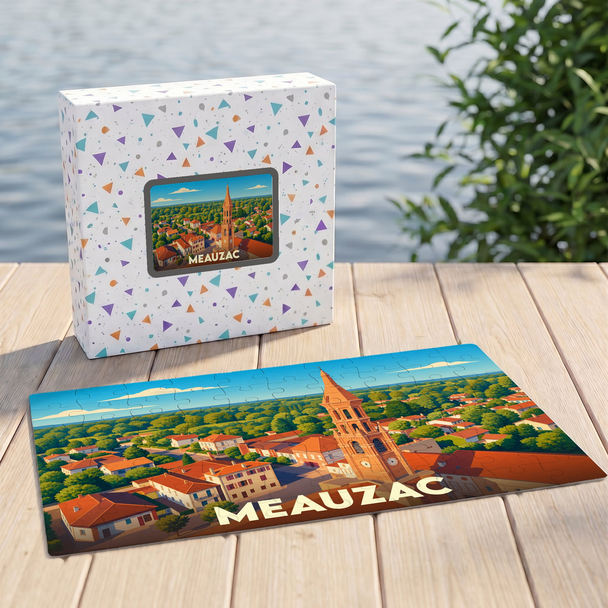 Puzzle souvenir de la ville de Meauzac avec une illustration stylisée d'un paysage urbain.