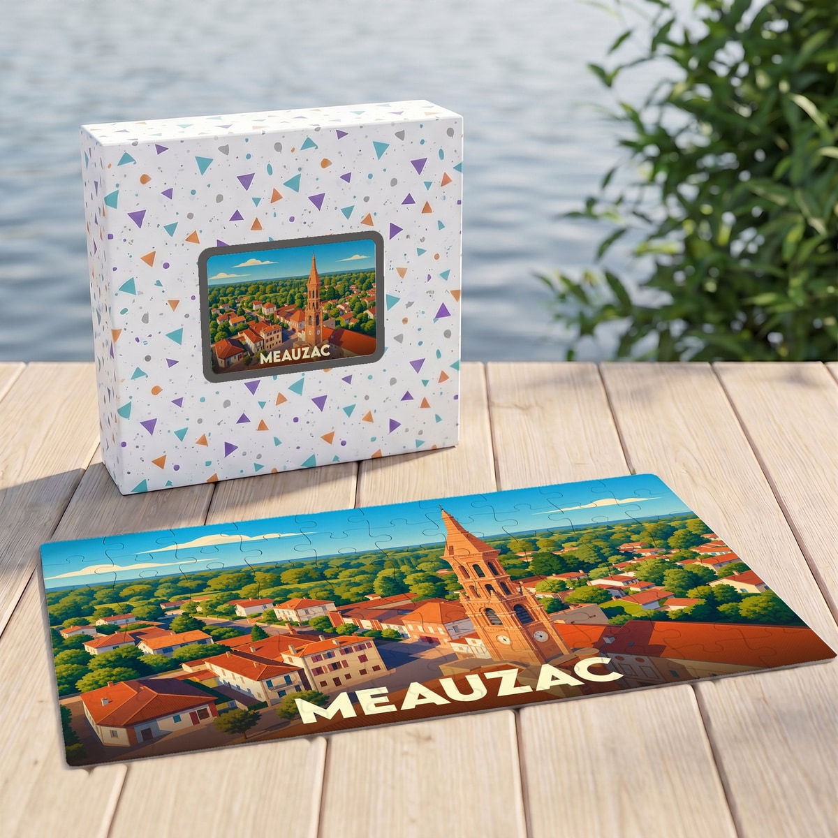 Puzzle souvenir de la ville de Meauzac avec une illustration stylisée d'un paysage urbain.