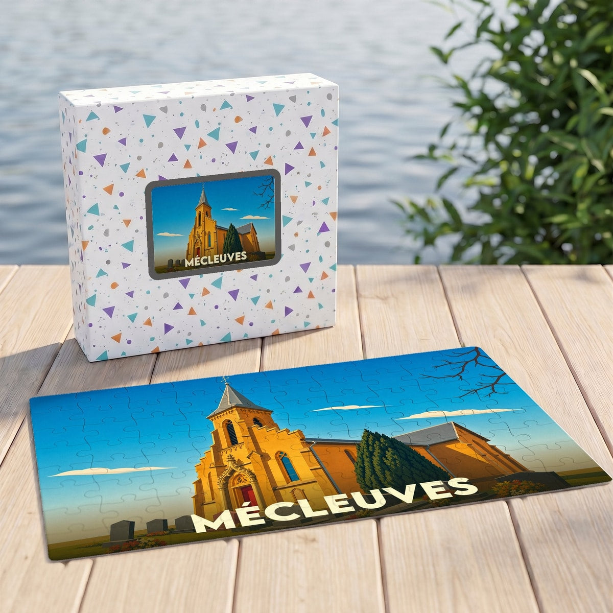 Puzzle souvenir de la ville de Mécleuves avec une illustration stylisée de son église.
