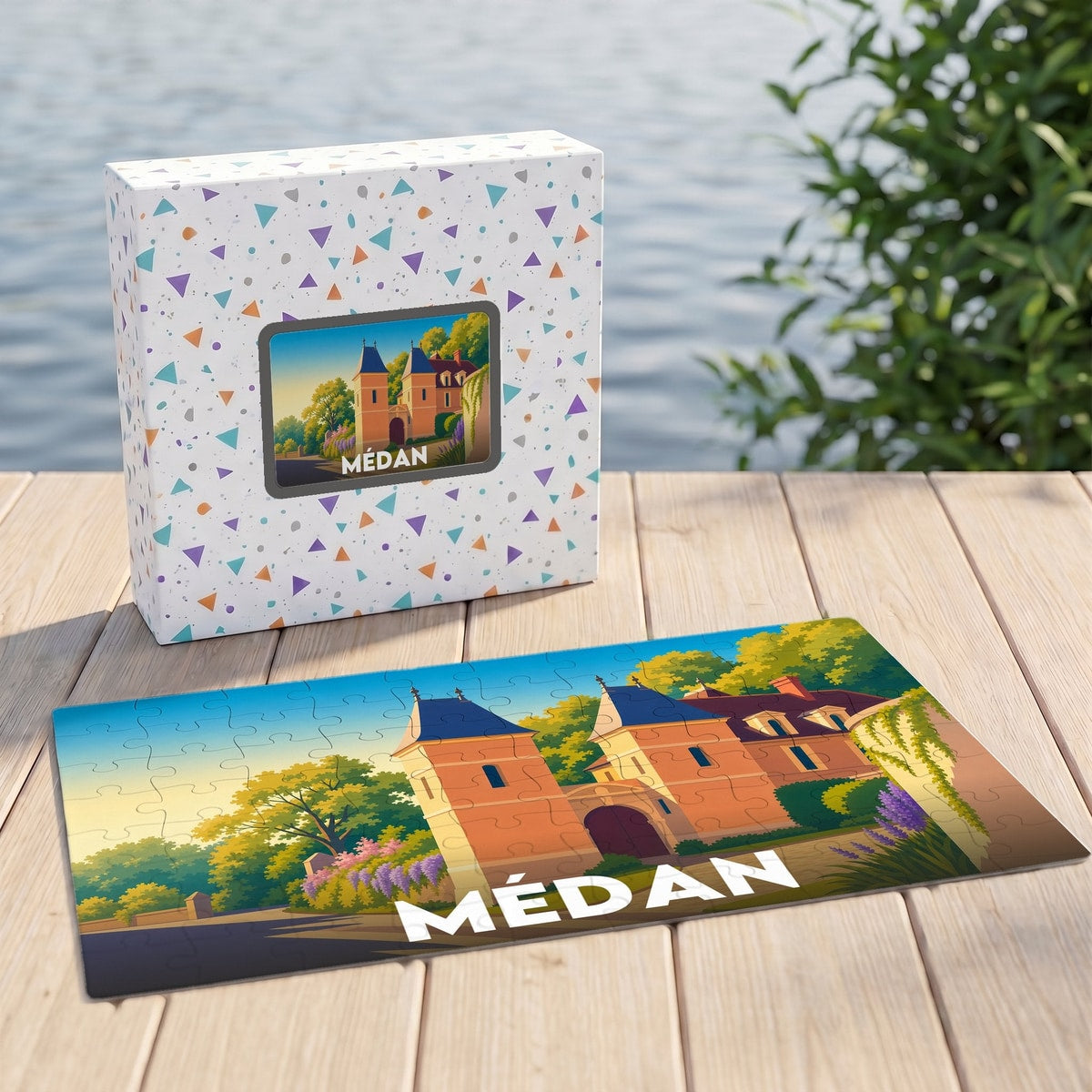 Puzzle souvenir de la ville de Médan représentant une illustration stylisée d'un château.