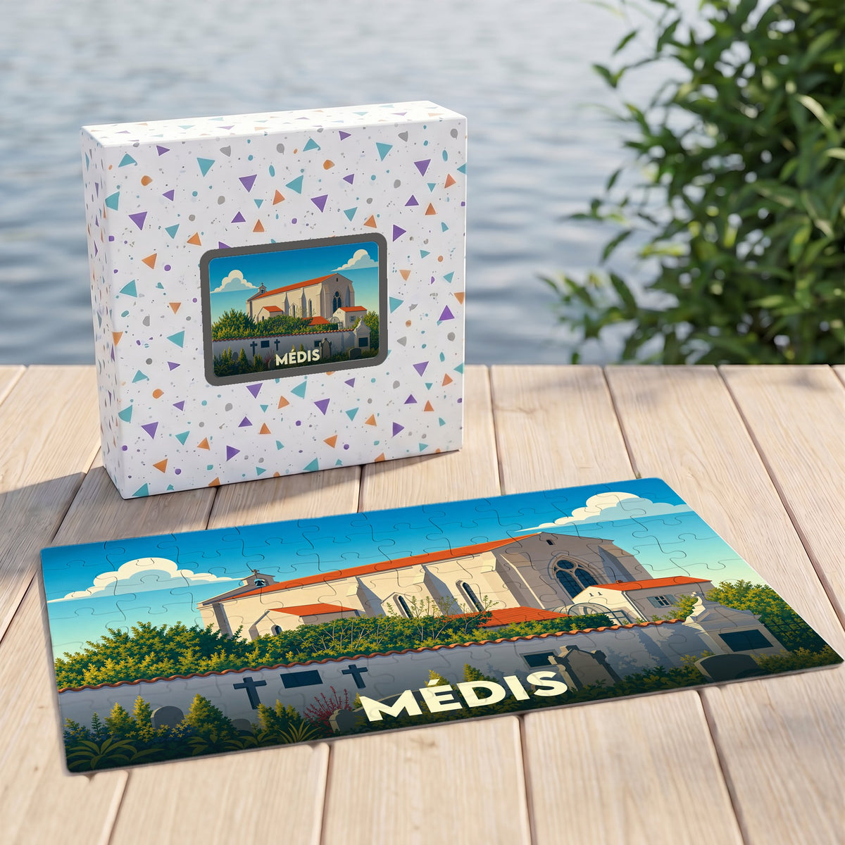 Puzzle souvenir de la ville de Médis avec une illustration stylisée de son église.