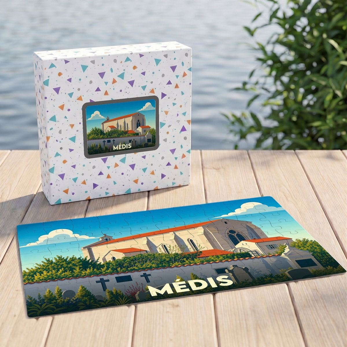 Puzzle souvenir de la ville de Médis avec une illustration stylisée de son église.