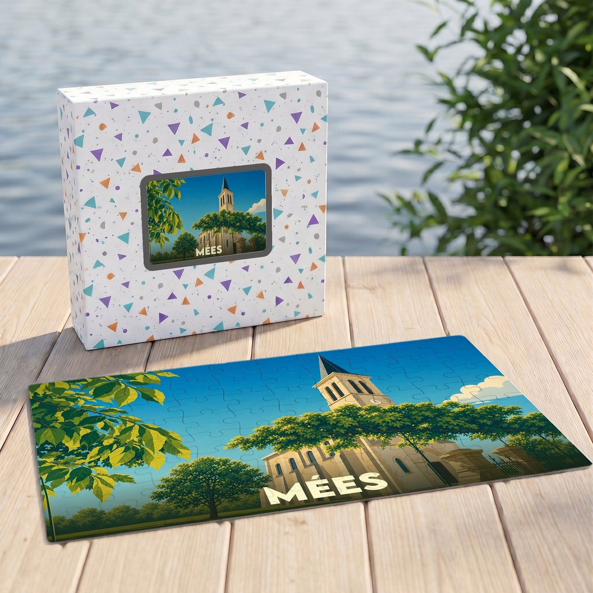 Puzzle souvenir de la ville de Mées avec une illustration stylisée de son église.