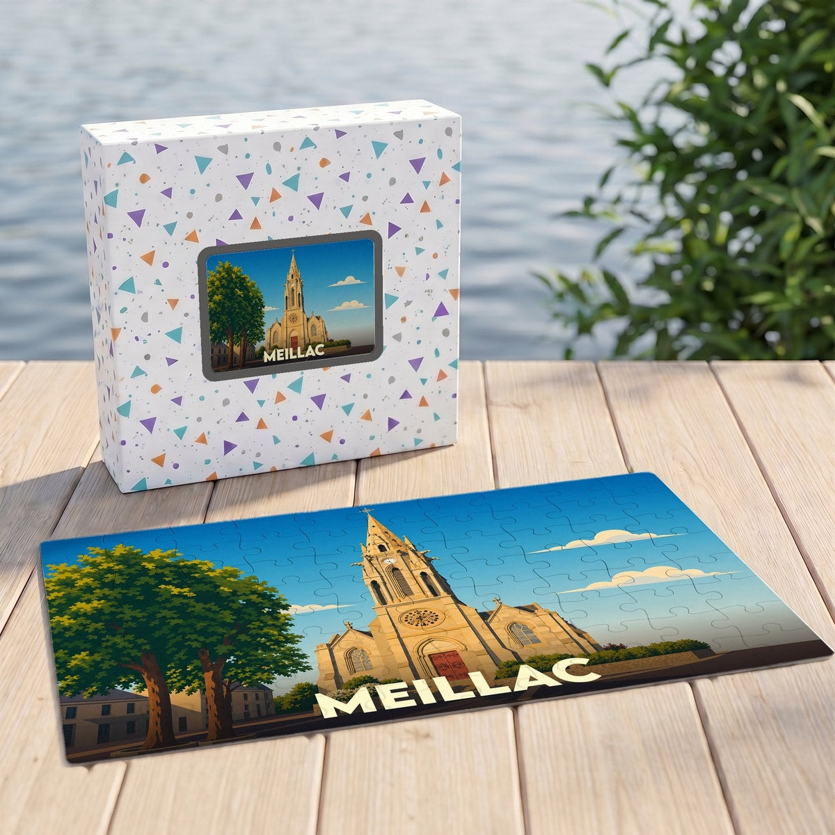 Puzzle souvenir de la ville de Meillac avec une illustration stylisée de son église.