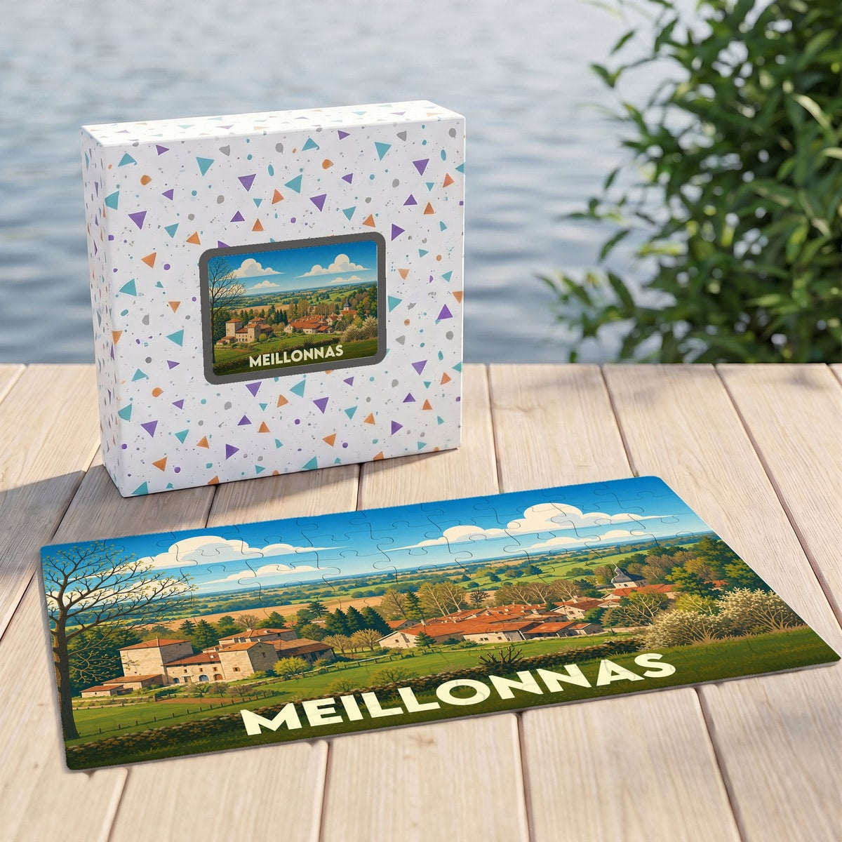 Puzzle souvenir de la ville de Meillonnas avec une illustration stylisée d'un paysage rural.