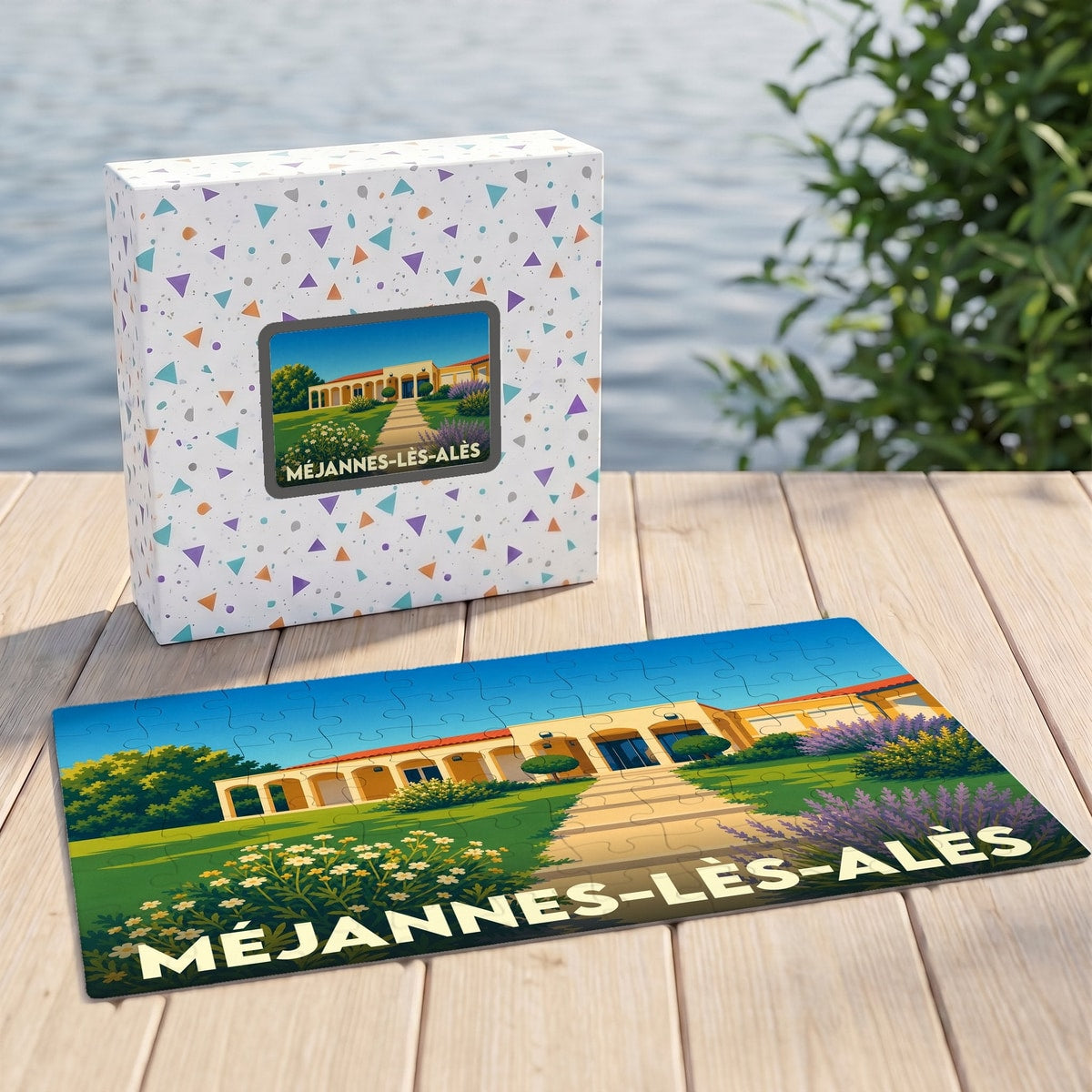 Puzzle souvenir de la ville de Méjannes-lès-Alès avec son illustration stylisée et sa boîte assortie.