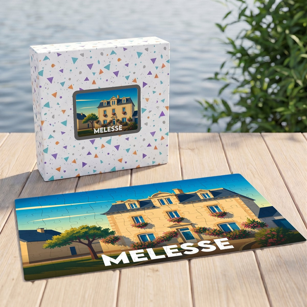 Puzzle souvenir de la ville de Melesse avec une illustration stylisée d'un bâtiment fleuri.