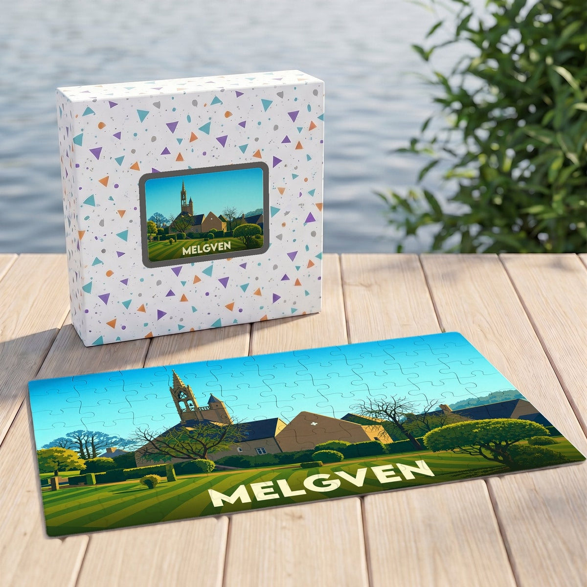 Puzzle souvenir de la ville de Melgven avec une illustration stylisée et colorée.