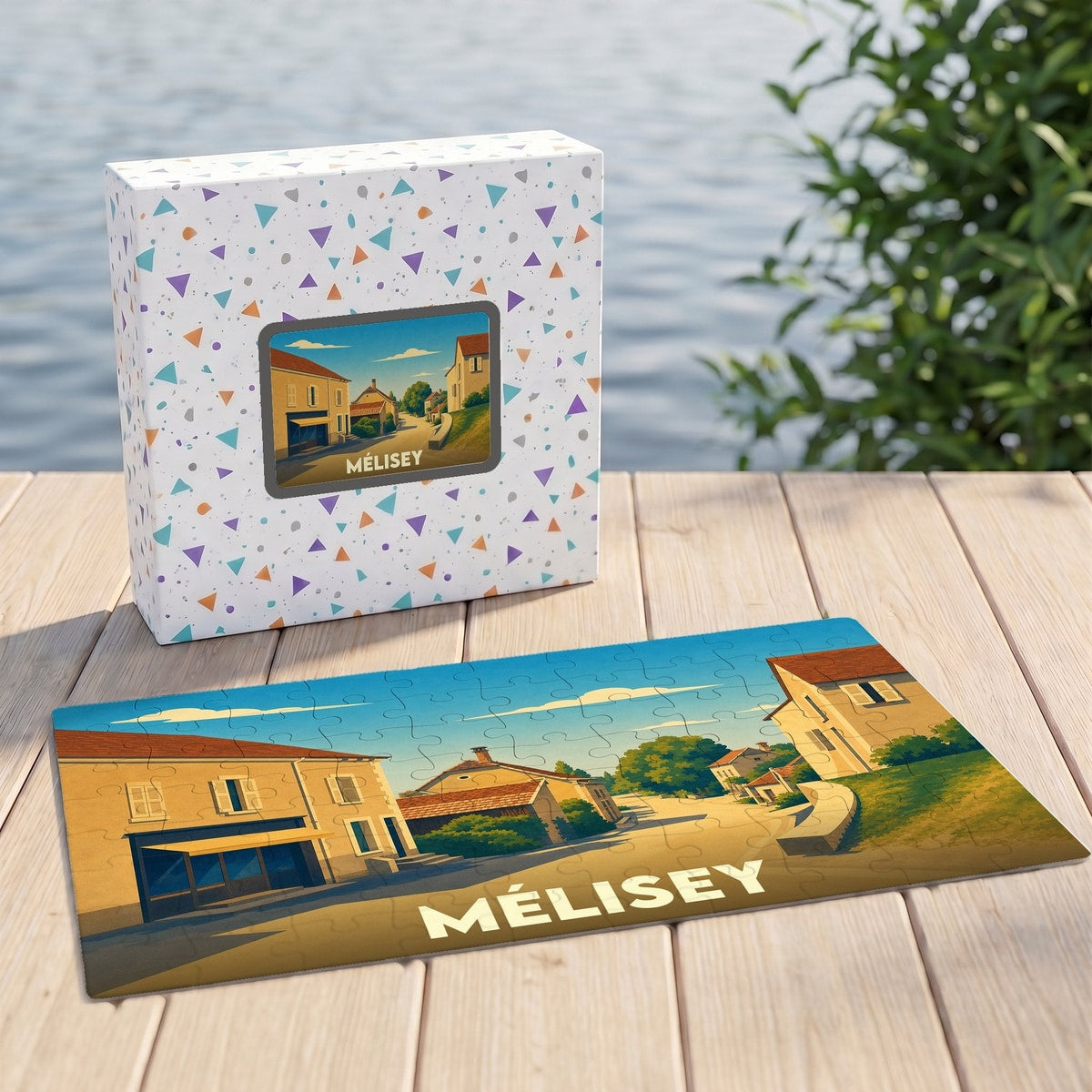 Puzzle souvenir de la ville de Mélisey avec une illustration stylisée d'un paysage urbain.