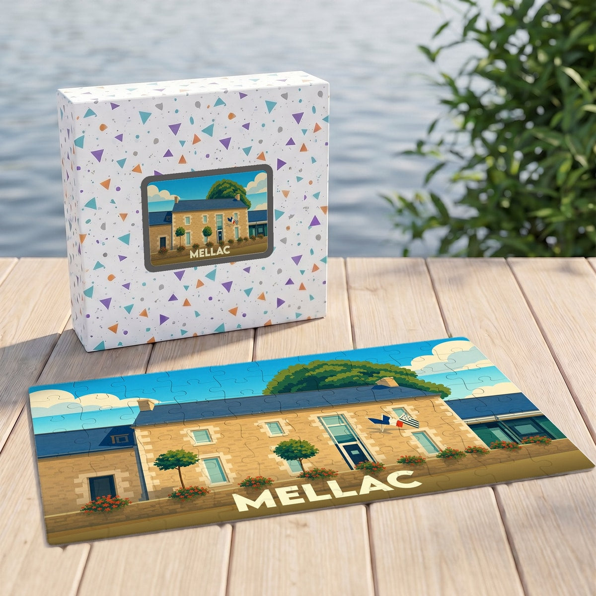 Puzzle souvenir de la ville de Mellac avec une illustration stylisée d'un bâtiment traditionnel.