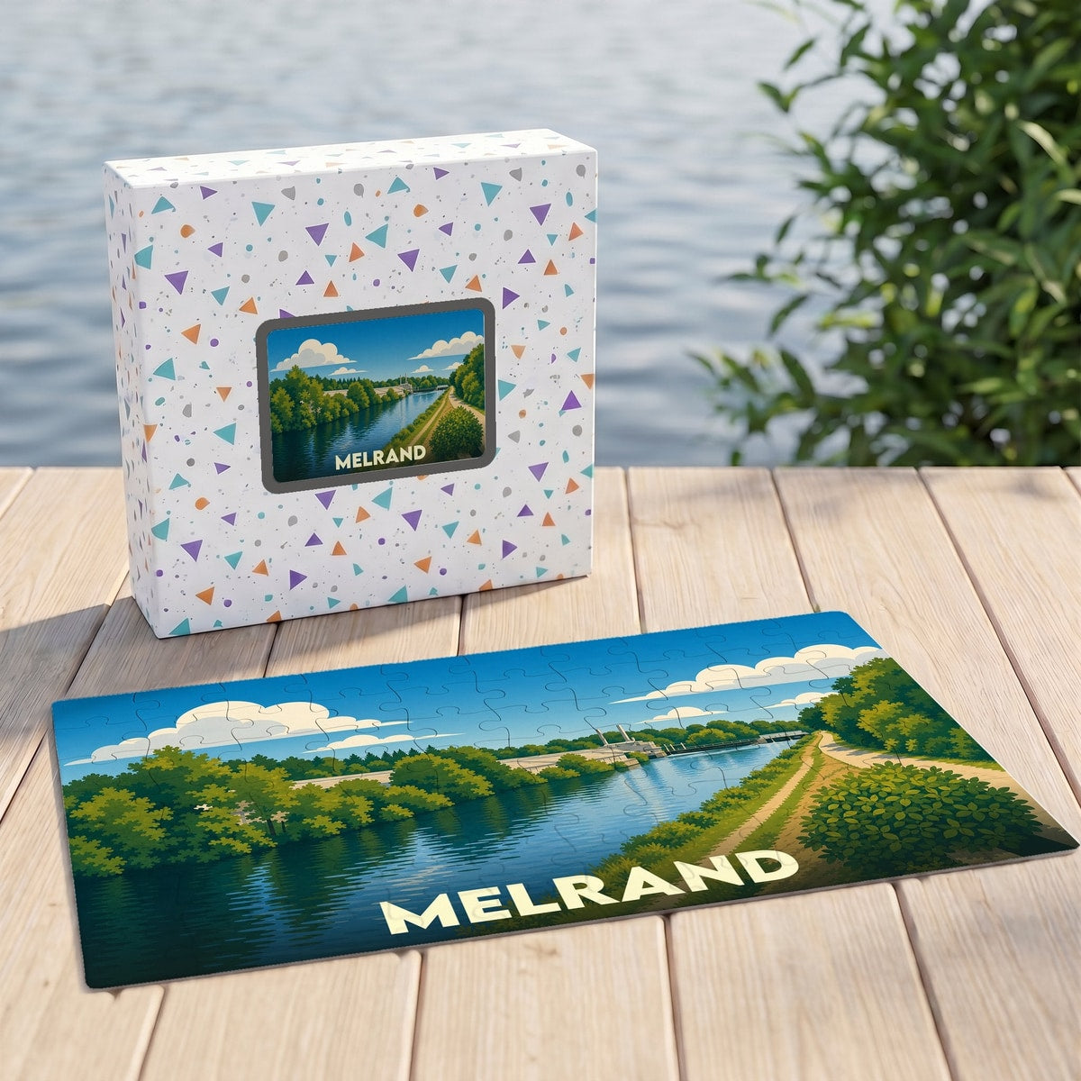Puzzle souvenir de la ville de Melrand avec une illustration paysagère stylisée.