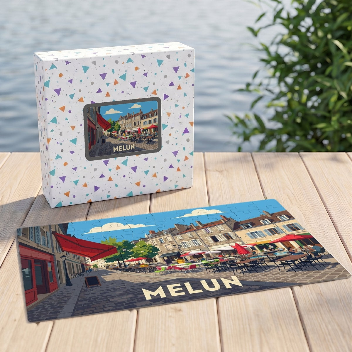 Puzzle souvenir de la ville de Melun avec une illustration stylisée d'une place animée.