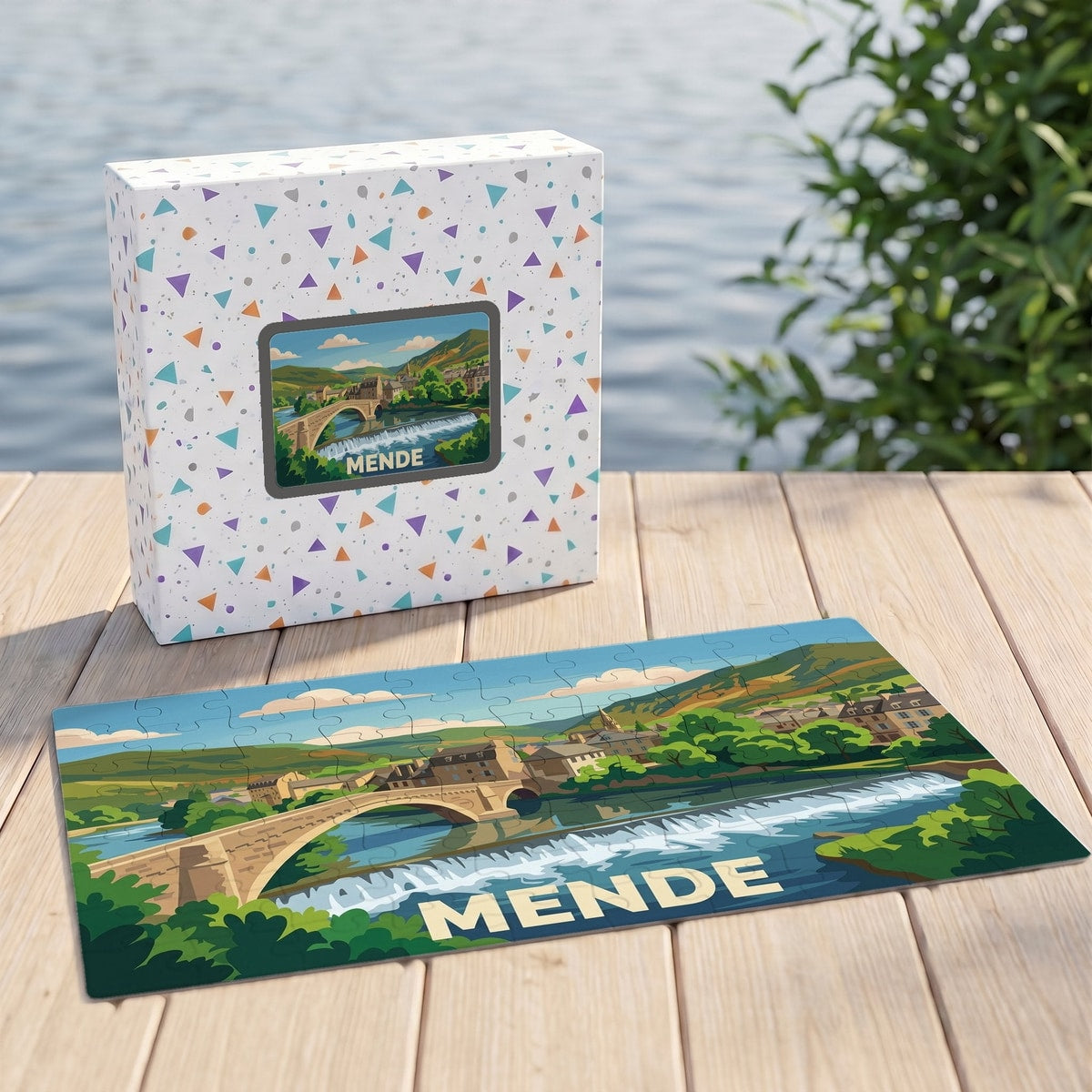 Puzzle souvenir de la ville de Mende illustré par un paysage stylisé avec son pont emblématique.