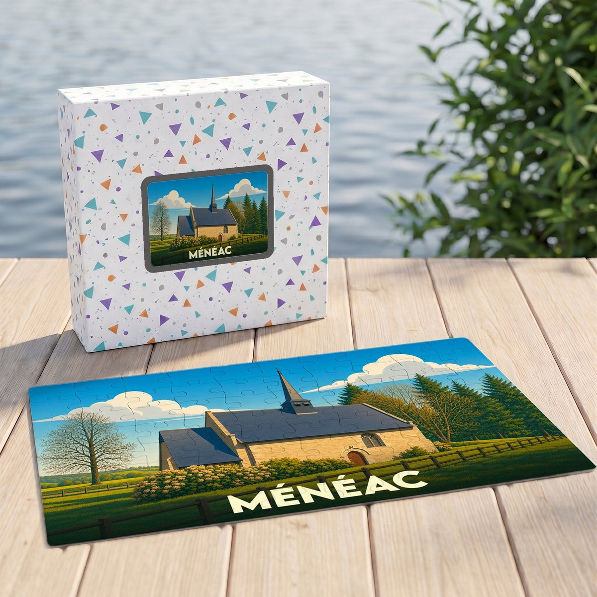 Puzzle souvenir de la ville de Ménéac avec une illustration stylisée de son église.