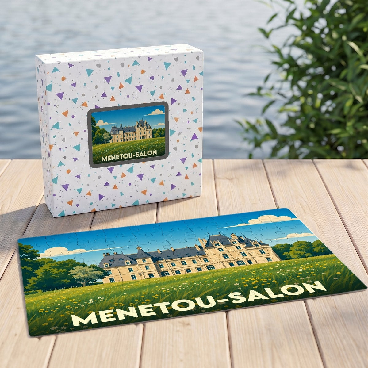 Puzzle souvenir de la ville de Menetou-Salon avec une illustration stylisée d'un château.