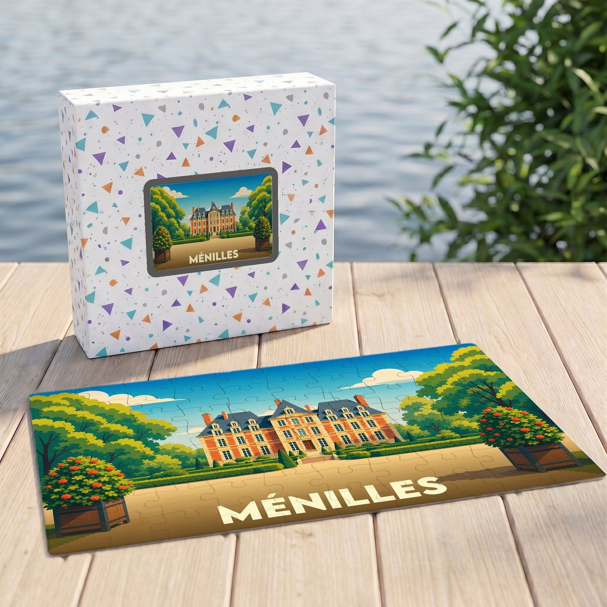 Puzzle souvenir de la ville de Ménilles représentant une illustration stylisée de son château.