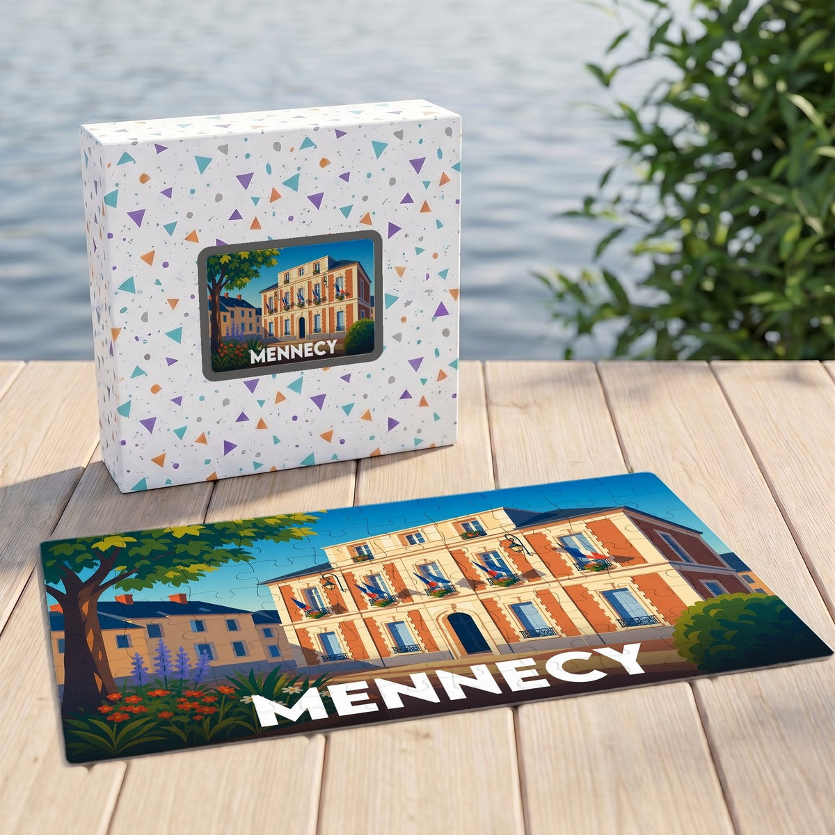 Puzzle souvenir de la ville de Mennecy avec une illustration stylisée et sa boîte assortie.