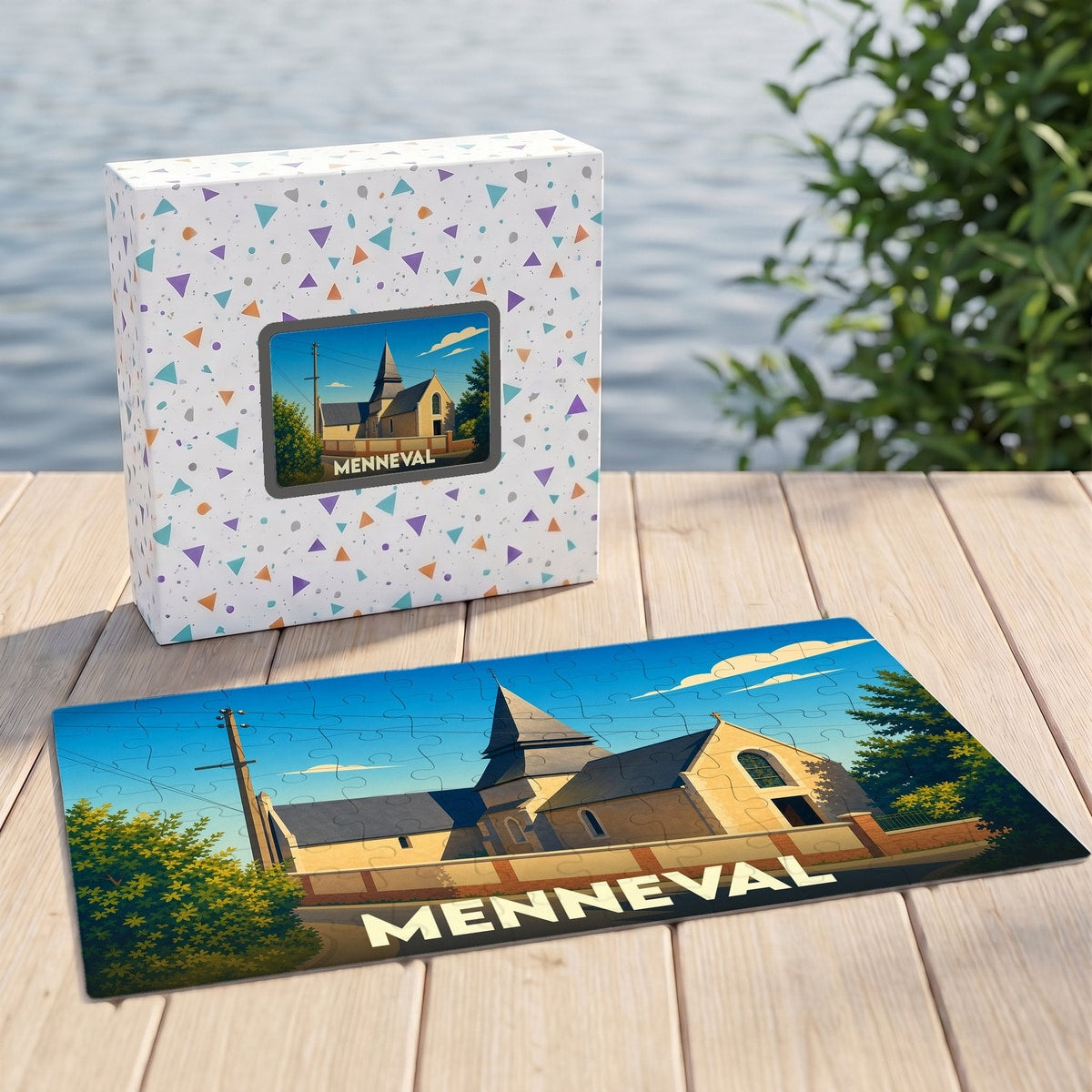 Puzzle souvenir de la ville de Menneval avec une illustration stylisée.