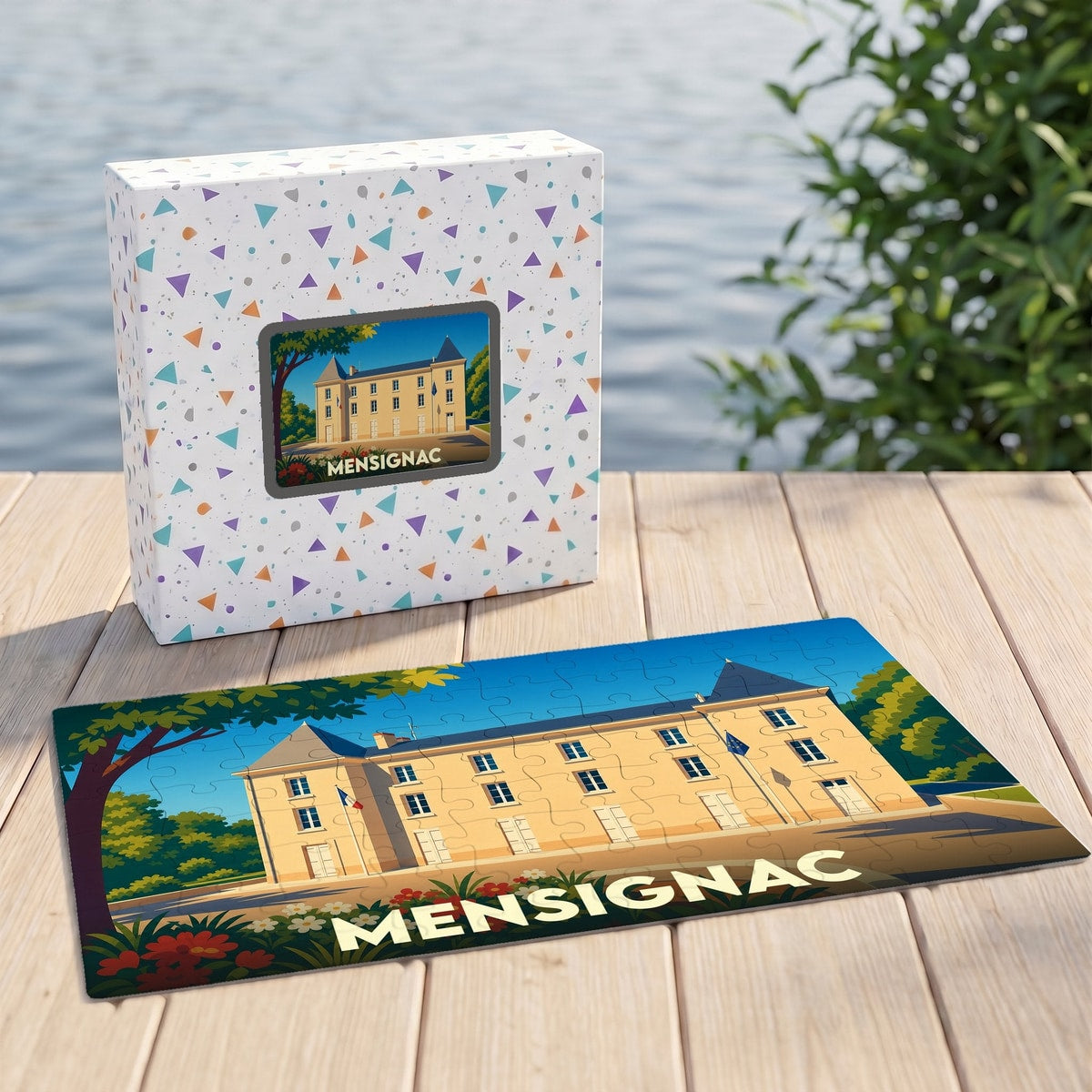 Puzzle souvenir de la ville de Mensignac avec une illustration stylisée d'un bâtiment historique.