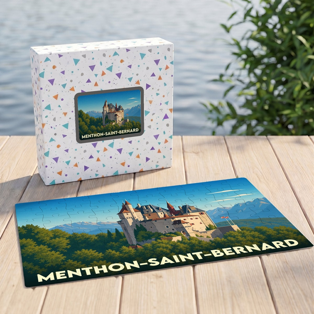 Puzzle souvenir de la ville de Menthon-Saint-Bernard avec une illustration stylisée du château.