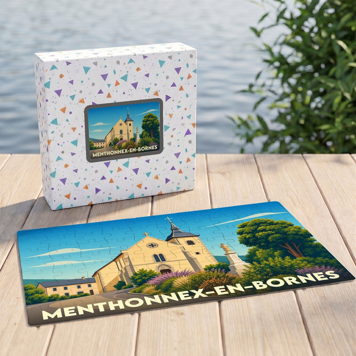 Puzzle souvenir de la ville de Menthonnex-en-Bornes avec une illustration stylisée de son église.