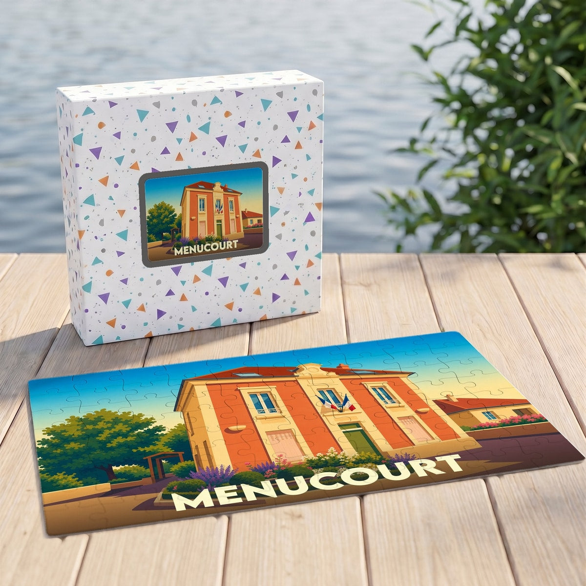Puzzle souvenir de la ville de Menucourt avec une illustration stylisée de sa mairie.