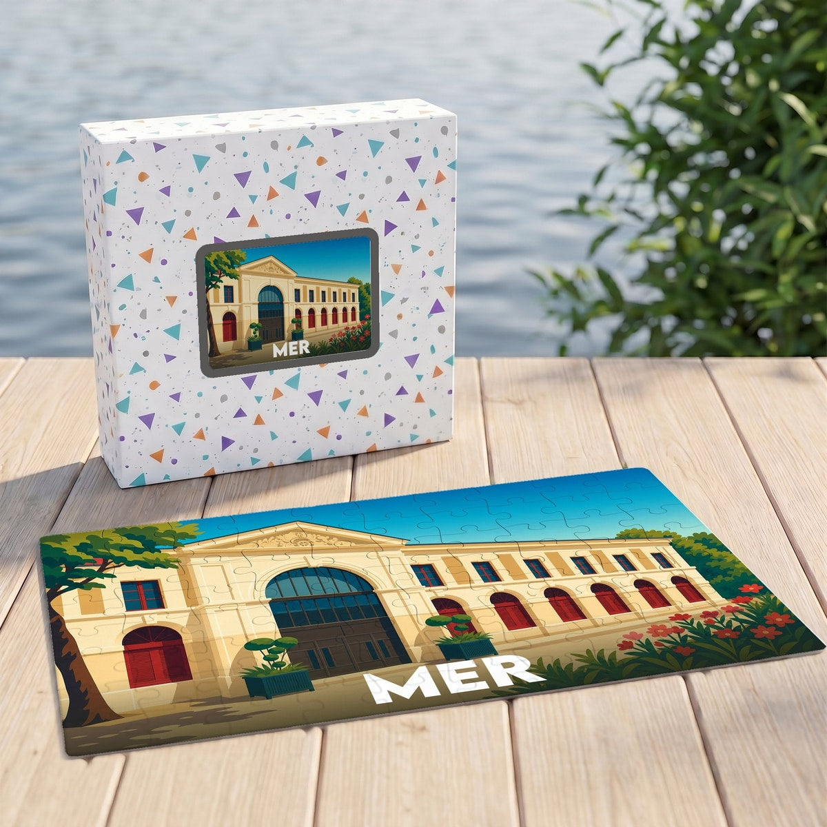 Puzzle souvenir de la ville de Mer avec une illustration stylisée d'un bâtiment historique.