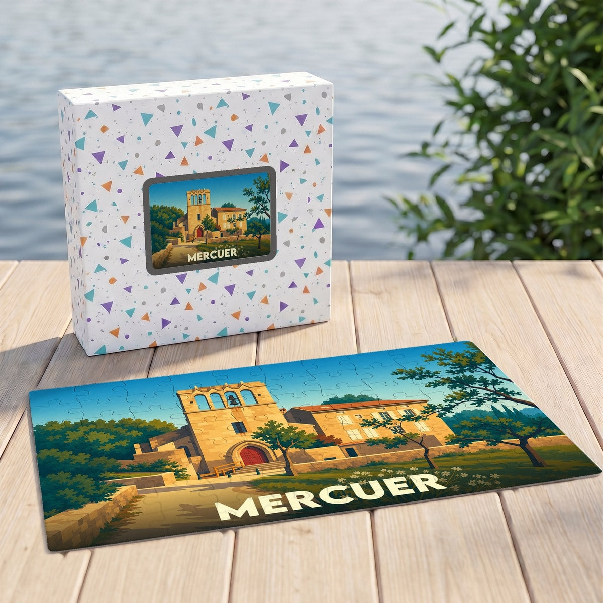 Puzzle souvenir de la ville de Mercuer avec une illustration stylisée d'un paysage provençal.