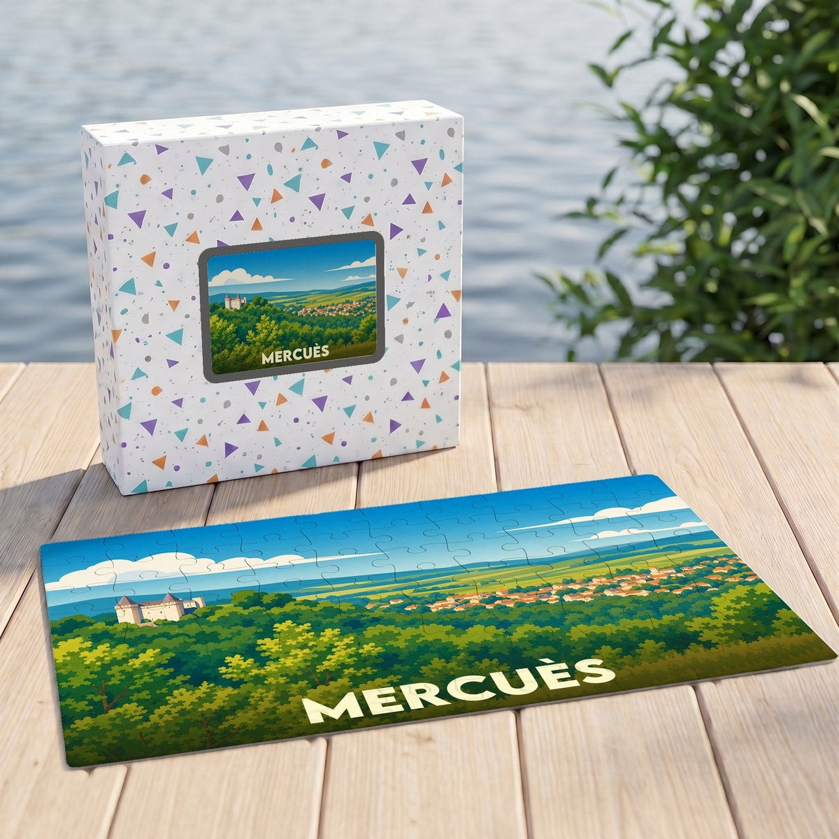 Puzzle souvenir de la ville de Mercuès avec une illustration stylisée d'un paysage panoramique.