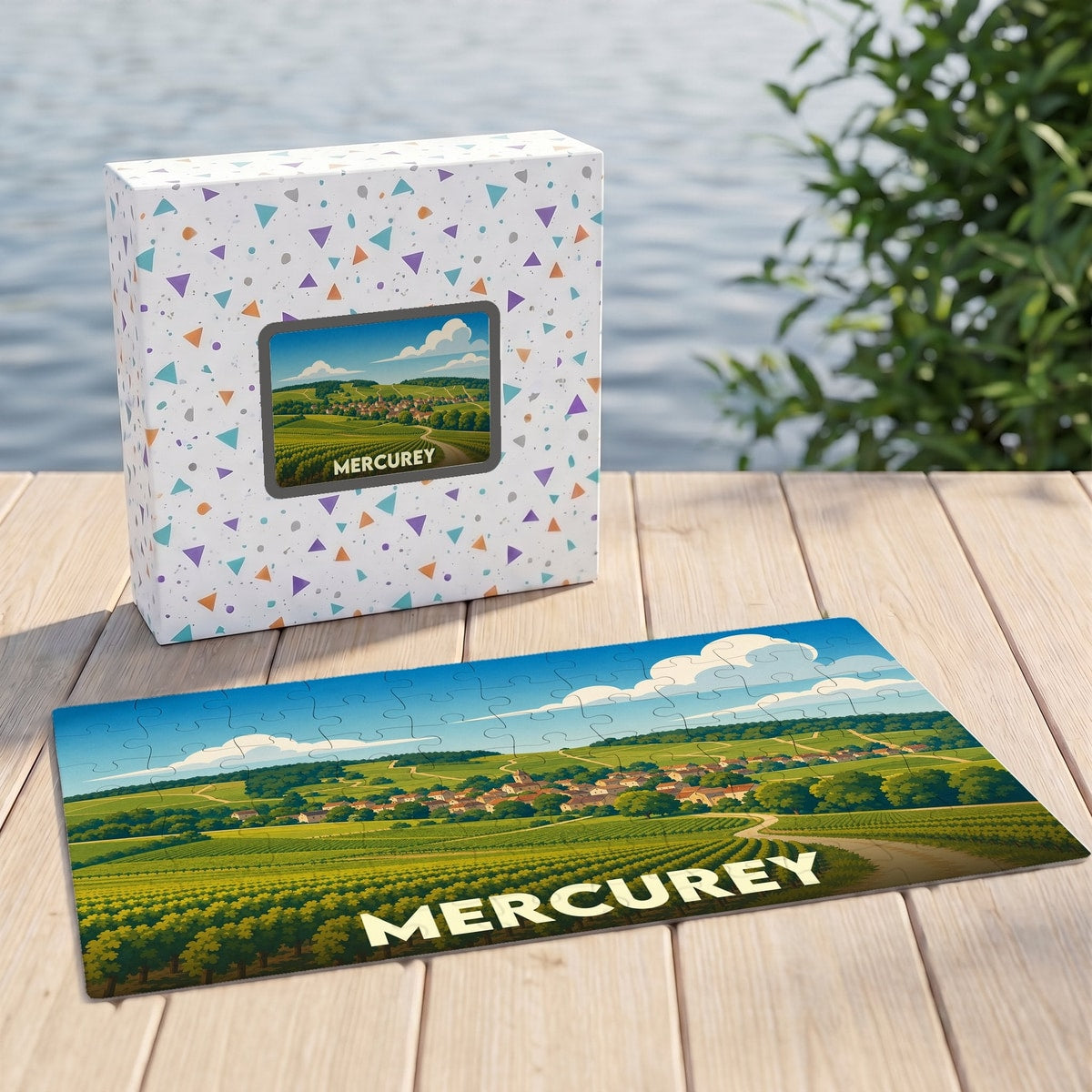 Puzzle souvenir de la ville de Mercurey illustré d'un paysage de vignobles stylisé.