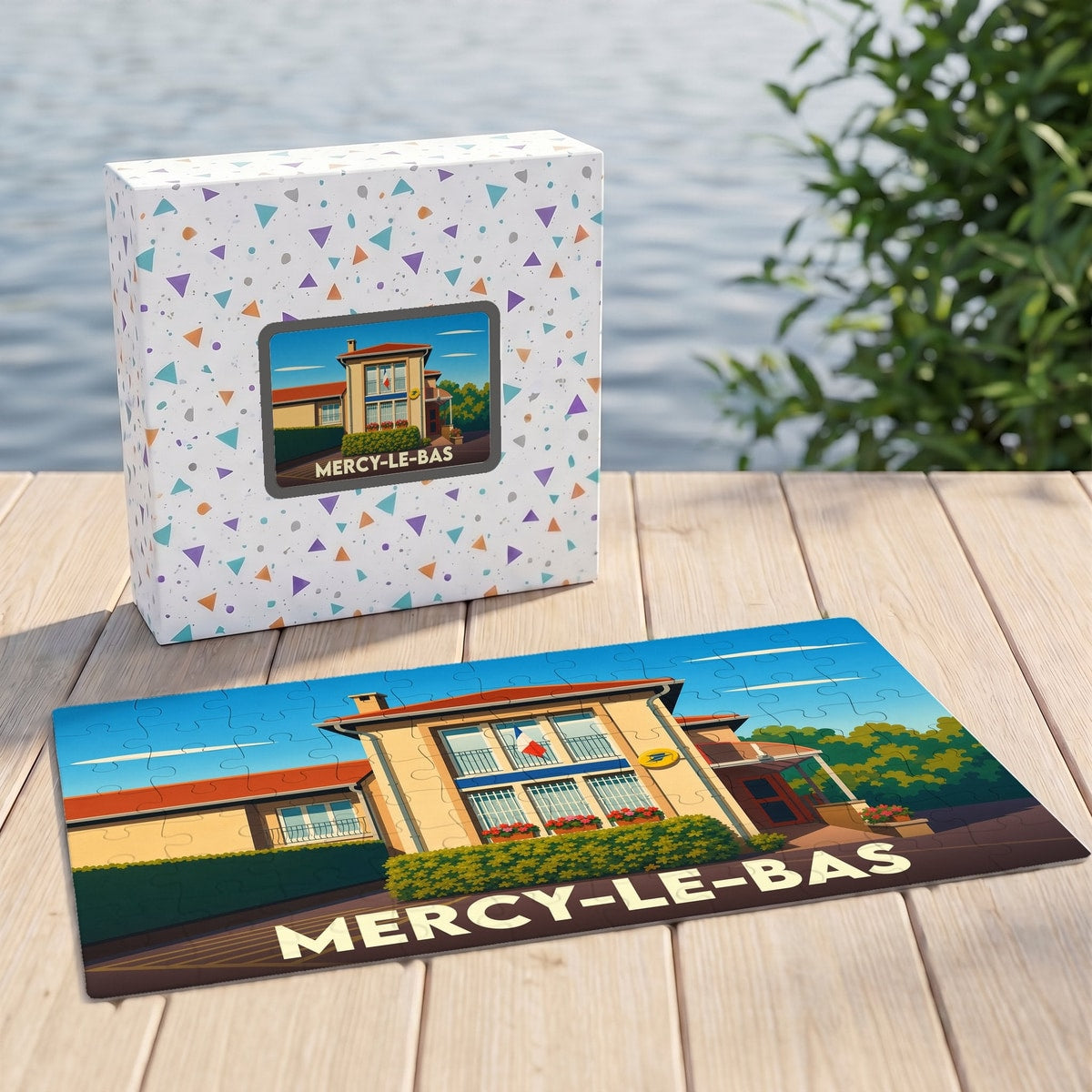 Puzzle souvenir de la ville de Mercy-le-Bas avec une illustration stylisée d'un bâtiment emblématique.