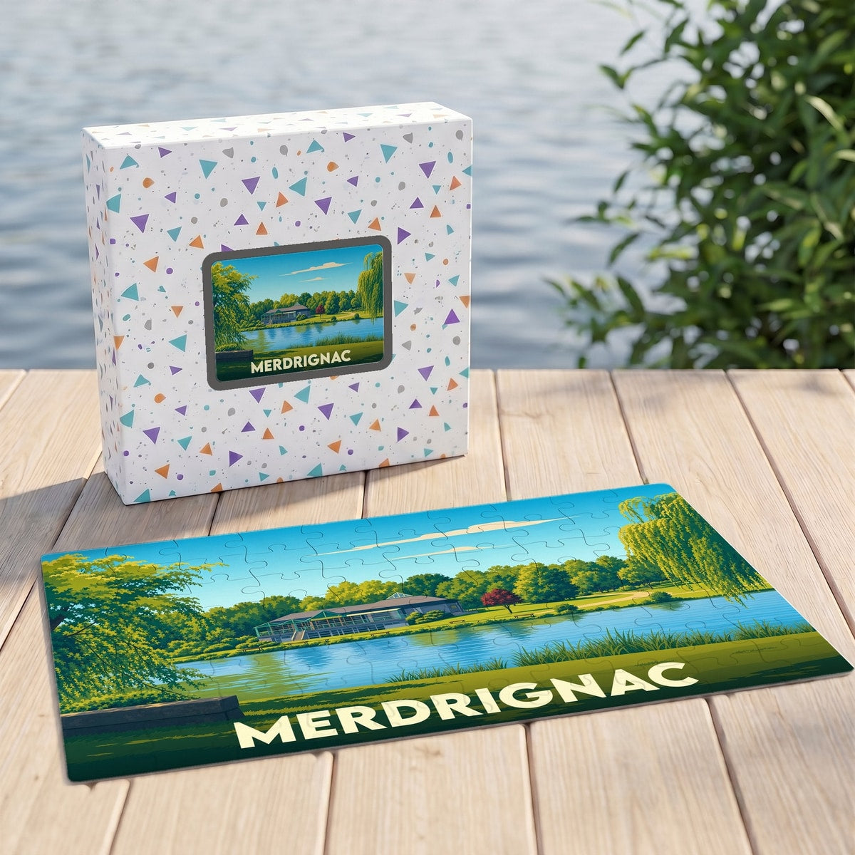 Puzzle souvenir de la ville de Merdrignac avec une illustration paysagère stylisée d'un étang.