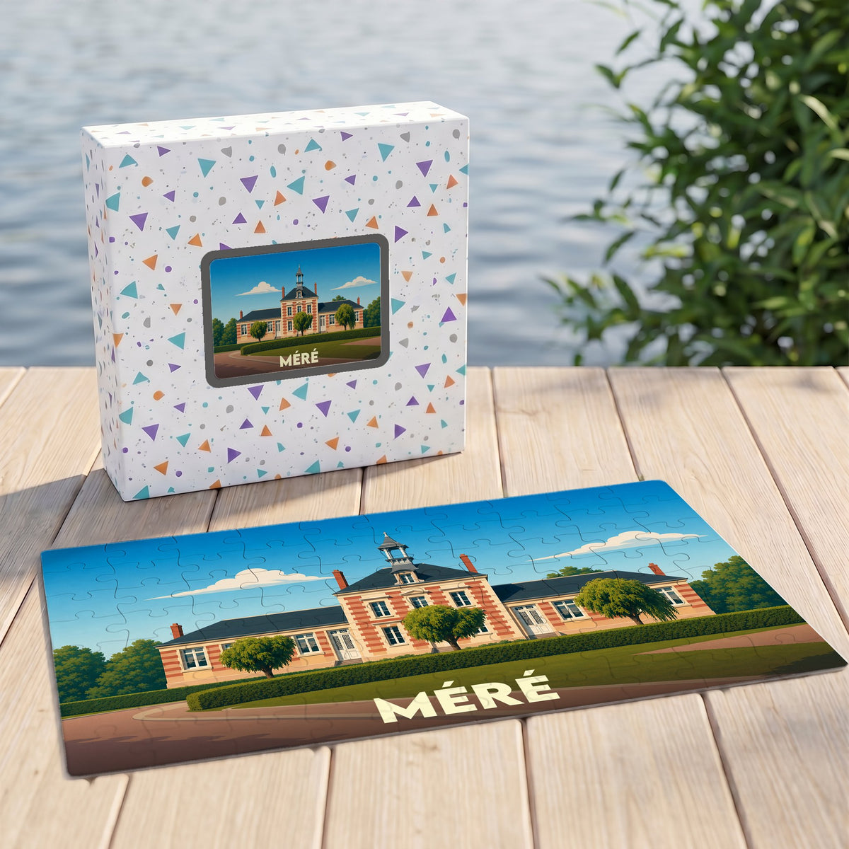 Puzzle souvenir de la ville de Méré avec une illustration stylisée de son patrimoine architectural.