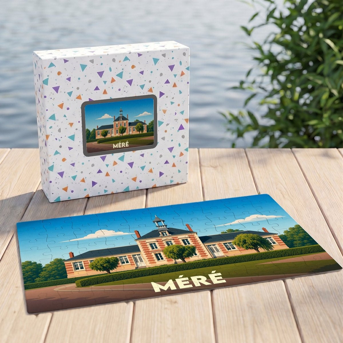 Puzzle souvenir de la ville de Méré avec une illustration stylisée de son bâtiment emblématique.