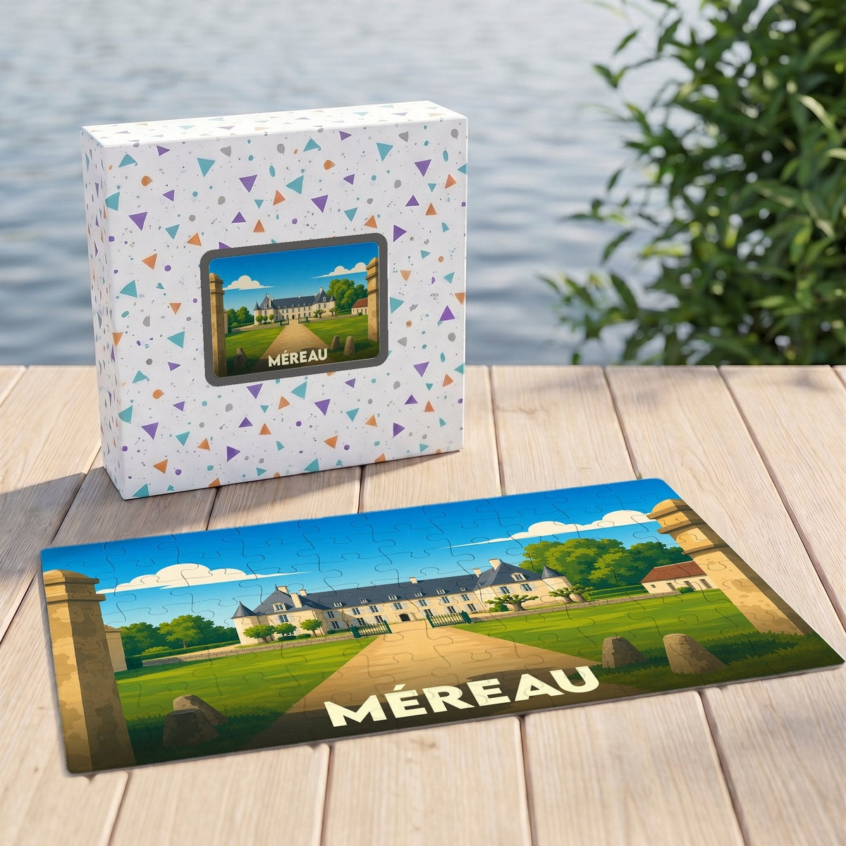 Puzzle souvenir de la ville de Méreau avec une illustration stylisée d'un château.