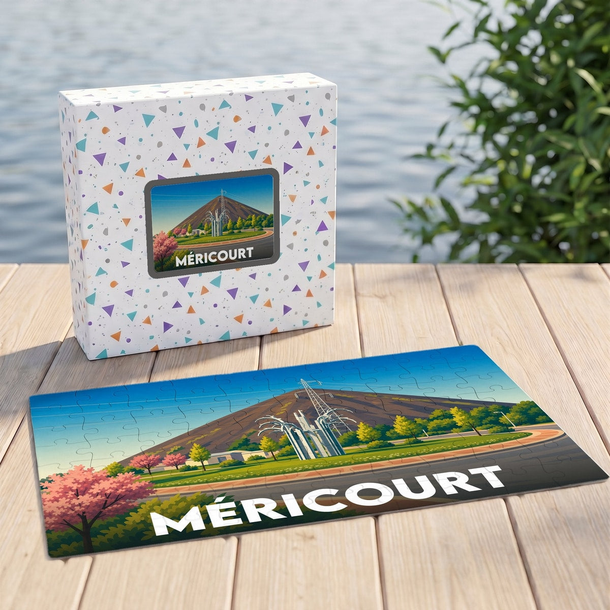 Puzzle souvenir de la ville de Méricourt illustrant un paysage local stylisé avec son nom en relief.
