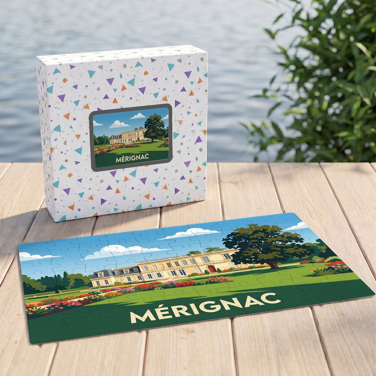 Puzzle souvenir de la ville de Mérignac illustrant une demeure historique dans un parc paysager.