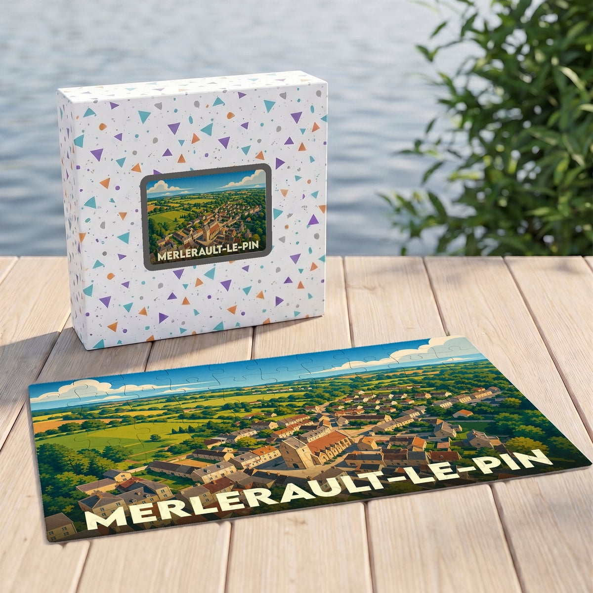 Puzzle souvenir de la commune de Le Merlerault avec une illustration aérienne stylisée du village.