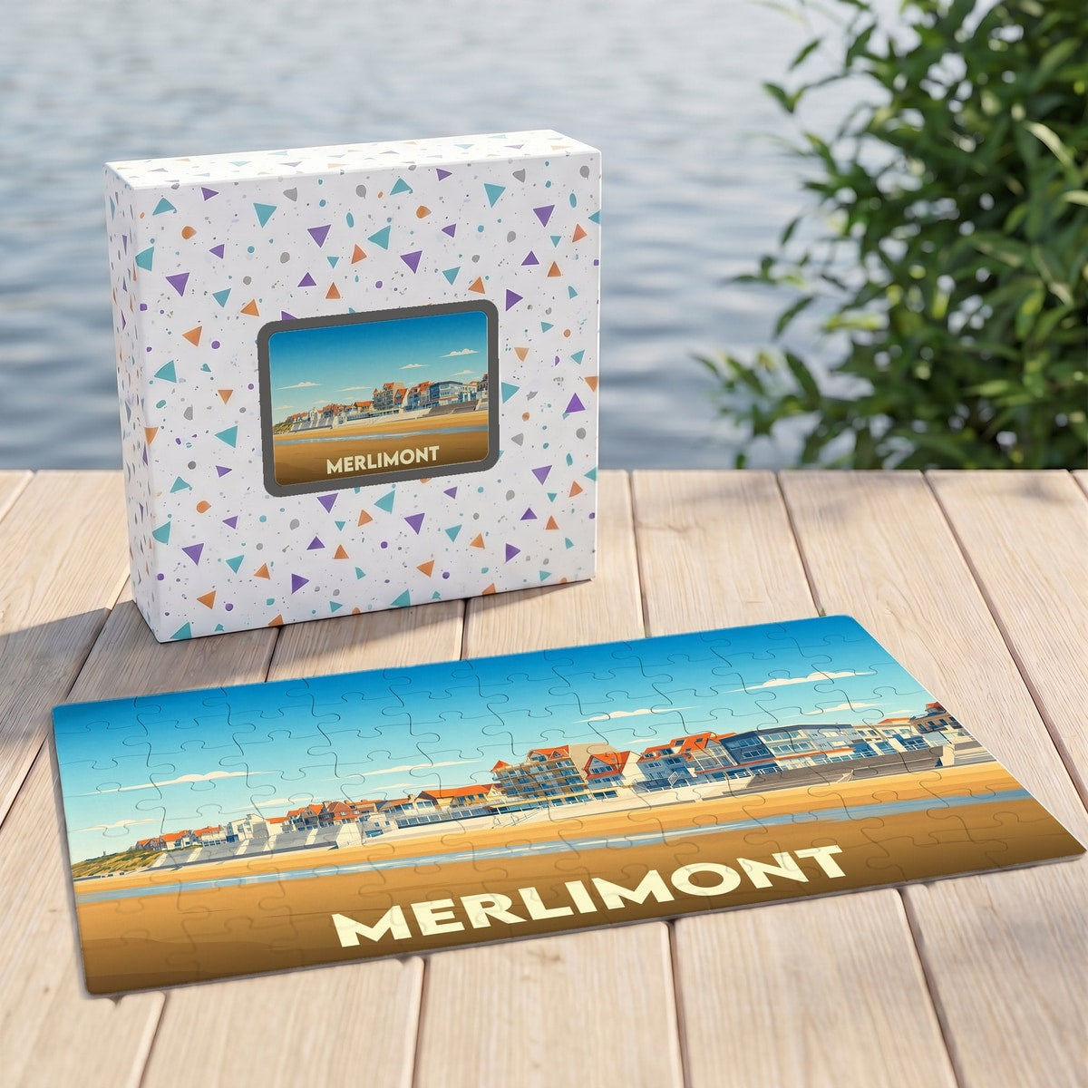 Puzzle souvenir de la ville de Merlimont avec une illustration stylisée du front de mer.